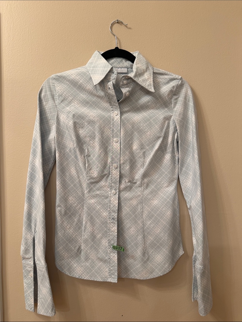 New York & Company Light Blue Plaid Dress Shirt